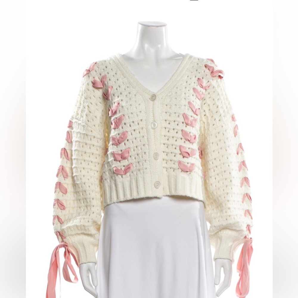 For Love & Lemons Cream Knit Cardigan with Pink Ribbon Accents NWT NEVER WORN